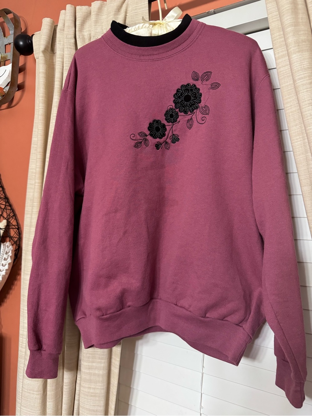 Floral Embroidered Crewneck Sweater in Dusty Mauve